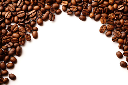 Roasted coffee beans with copyspace on white background, a Food & Drink Photo by AlyaAnd