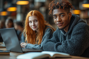 A young Black male student smiles at the camera while working alongside a red-h, a Person Photo by ImageMir