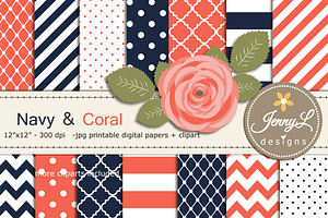 Navy Blue and Coral Digital Paper, a Pattern Graphic by JennyL Designs