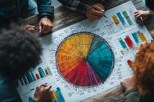 Team reviewing a colorful data chart with graphs in a collaborative meeting, a Business Photo by AS photostudio