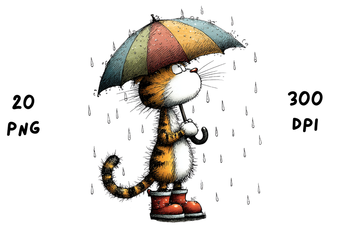 Whimsical Funny Rainy Cat Clipart, an Animal Illustration by GiraffeCreative (Photo 10 of 20)
