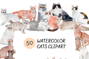 50 Hand-drawn Watercolor Cats