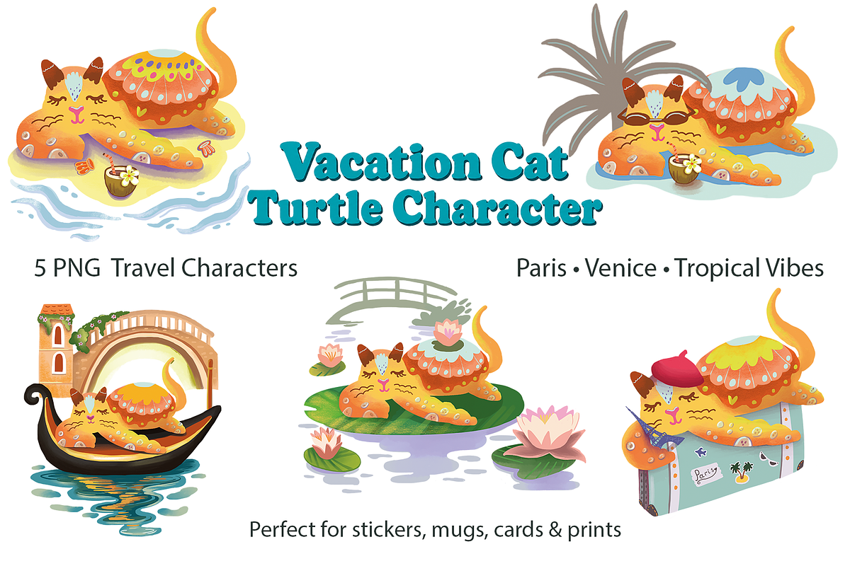 Vacation Cat Turtle Character PNG, an Animal Illustration by FaliushViktoriaArtist (Photo 1 of 5)