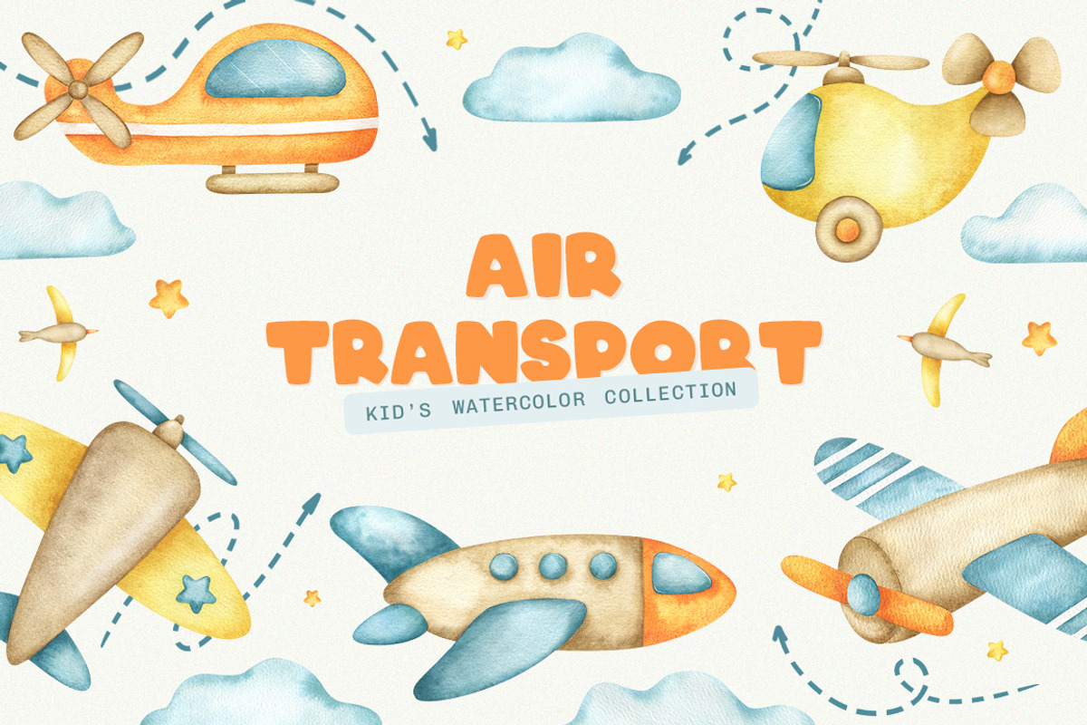 Airplanes kids watercolor clip art, an Illustration by Fedulova Art (Photo 1 of 14)