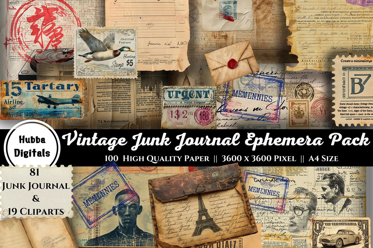 Vintage Junk Journal Ephemera Pack, an Illustration by HubbaDigitals (Photo 1 of 4)