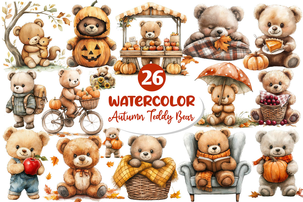 Autumn Teddy Bear Clipart, an Illustration by Dream Creation (Photo 1 of 6)