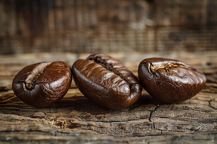Coffee beans on wooden table, a Food & Drink Photo by AlyaAnd