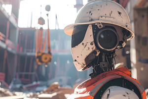 Robot builder wearing protective helmet in structural framework, a Technology Photo by GoodGoods
