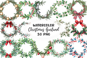 Watercolor Christmas Garland Clipart, an Illustration by CraftArtStudio