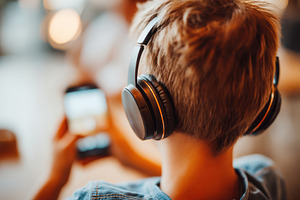 Young boy with headphones using smartphone indoors, an Arts & Entertainment Photo by AlyaAnd