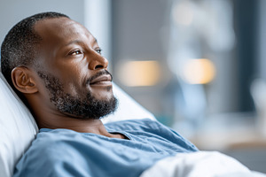Thoughtful man lying in a hospital, a Health & Medical Photo by MistyDay