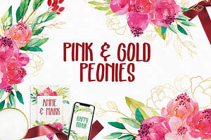 Pink & Gold Peonies Watercolor Set