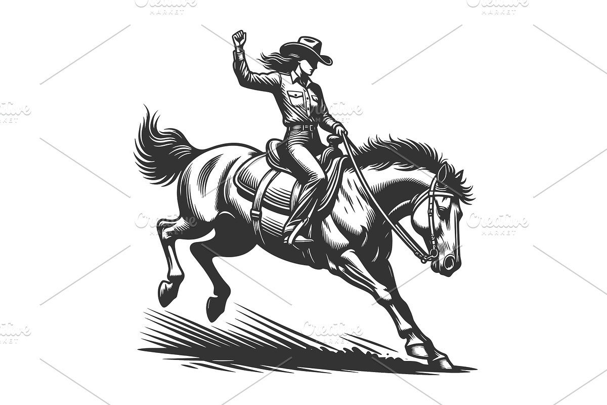 Cowgirl Riding Horse Western Rodeo, a Person Illustration by AlexArt