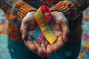 Hands of a woman in a knitted sweater holding a rainbow ribbon., a Health & Medical Photo by AS photostudio