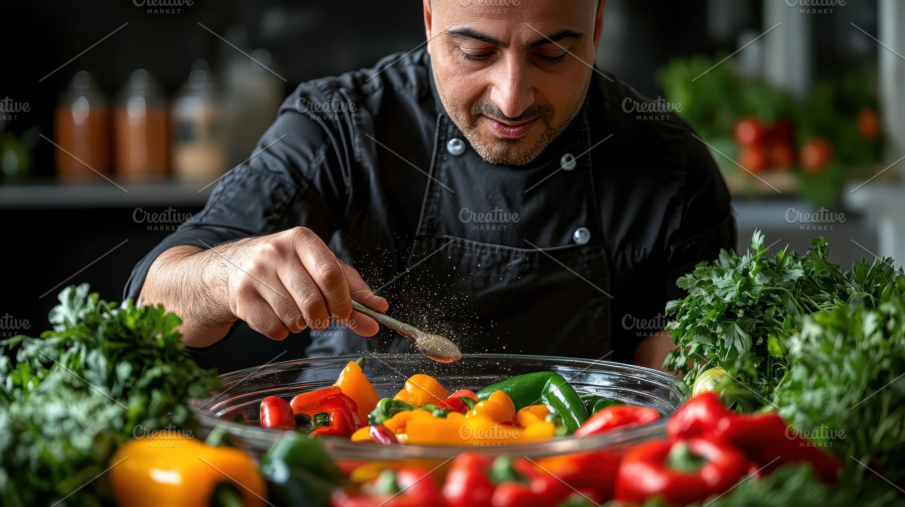 Chef seasoning colorful bell peppers, a Food & Drink Photo by Pixeness Studio