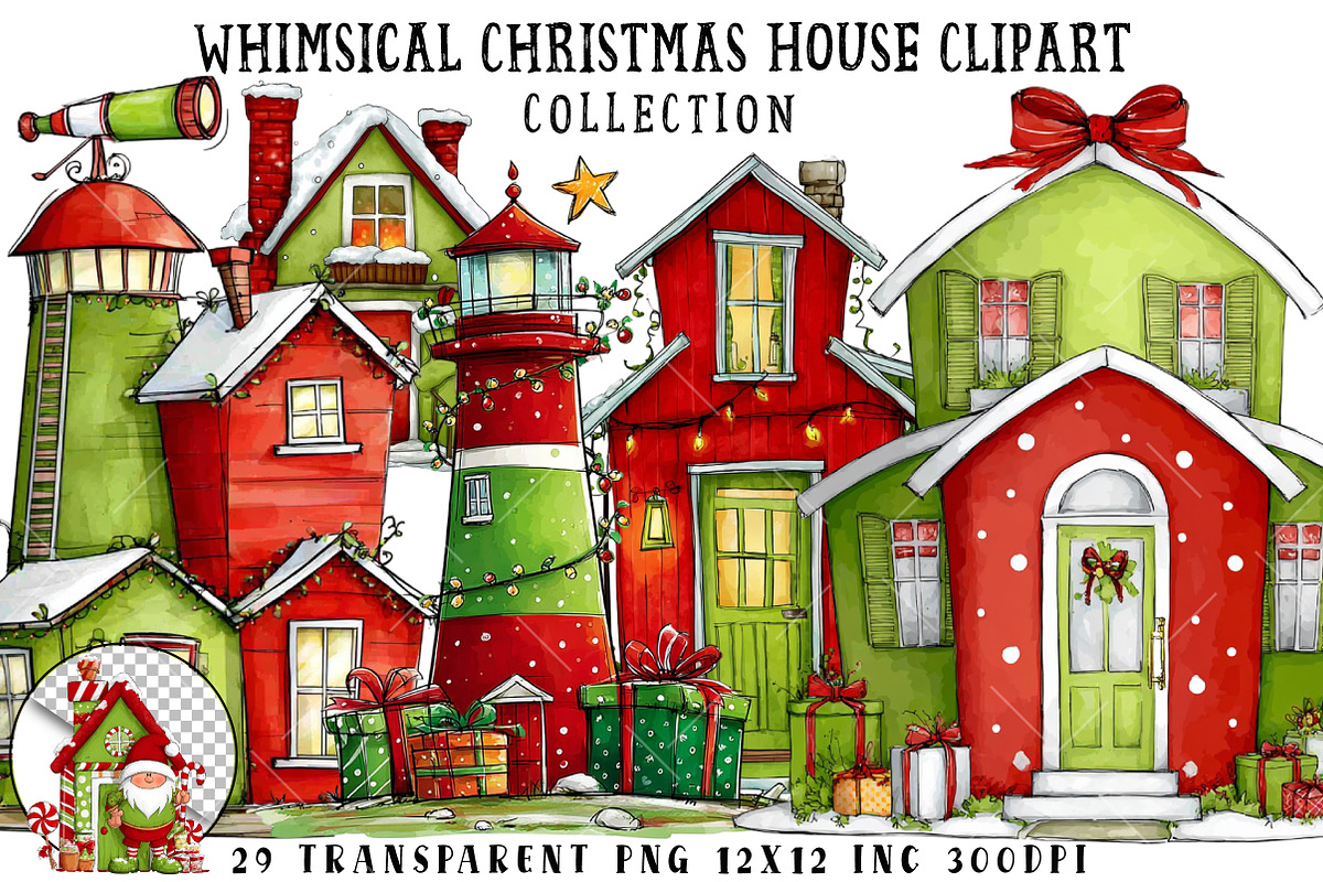 Whimsical Christmas House Clipart, an Illustration by OK Design (Photo 1 of 6)