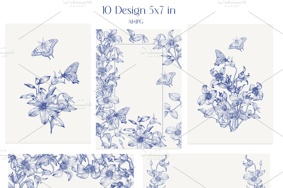 Vintage Flowers Vector blue Toile, an Object Graphic by ON_lineart_store (Photo 8 of 10)