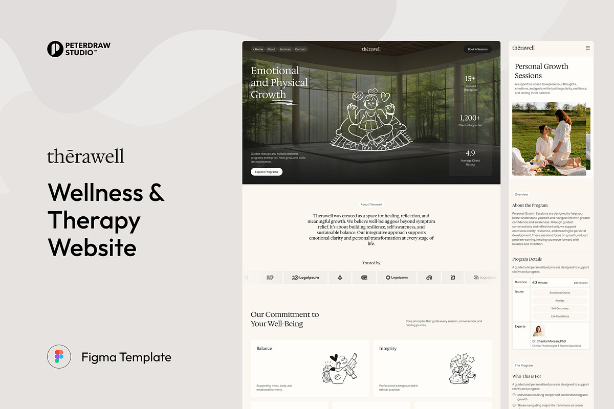 Wellness & Therapy Website UI Figma, an UI Kit Template by peterdraw (Photo 1 of 7)
