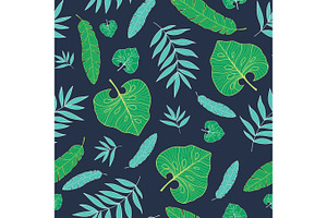 Vector Dark Tropical Summer Hawaiian Seamless Pattern With Tropical Green Plants And Leaves On Navy Blue Background. Great For Vacation Themed Fabric,