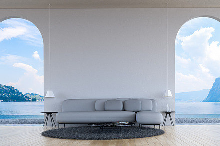 Modern loft living room sea view 3d containing 3d, apartment, and blank