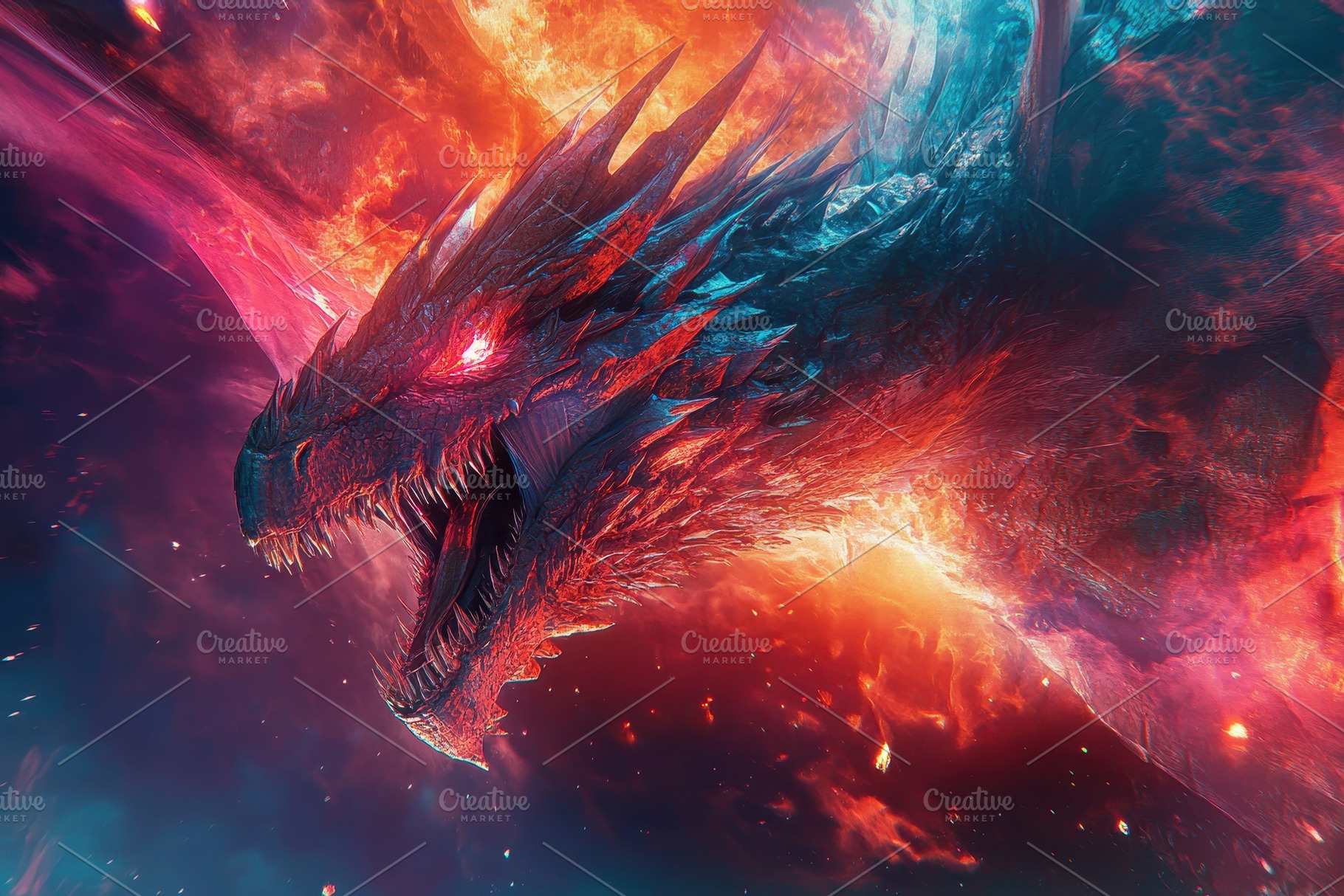 Epic dragon emerges from cosmic flam, a Photo by Pavel_design