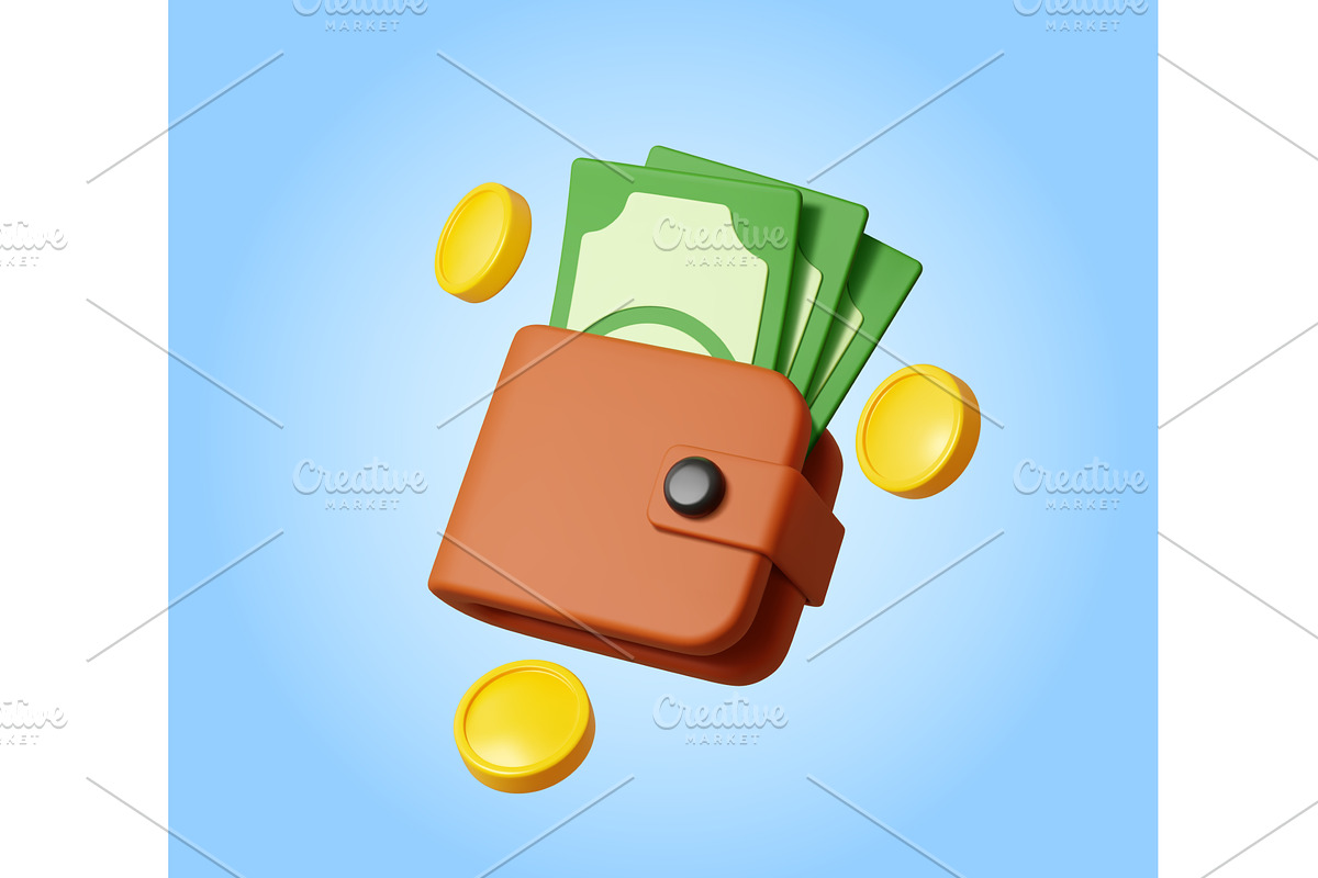 3D money wallet with coins, a Finance Illustration by Buch&Bee