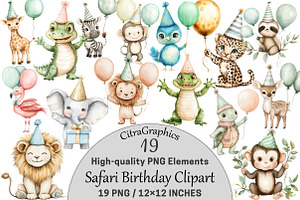 Watercolor Safari Birthday Clipart, a Seasonal Illustration by CitraGraphics
