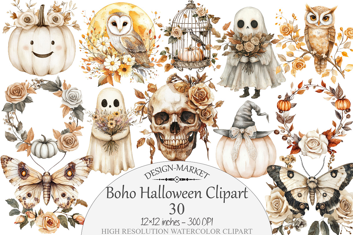 Boho Halloween Watercolor Clipart, a Seasonal Illustration by Design Market (Photo 1 of 4)