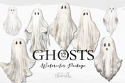 Watercolor Halloween Ghosts Clipart, an Object Graphic by Bloomella (Thumbnail 1 of 3)
