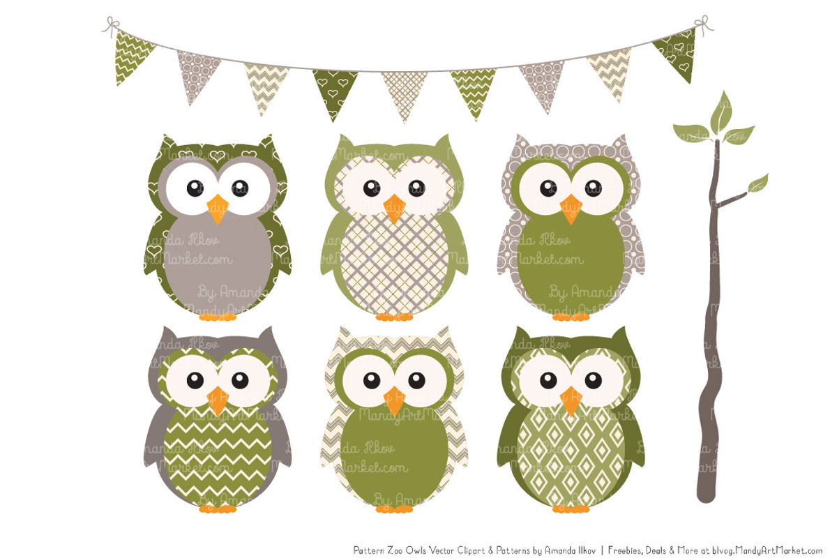 Owls Clipart & Patterns in Avocado, an Animal Illustration by Amanda Ilkov (Photo 2 of 4)