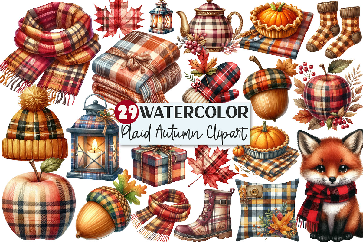 Watercolor Plaid Autumn Clipart, an Illustration by Rose Art (Photo 1 of 7)