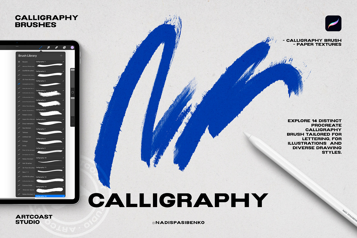 Calligraphy Brushes for Procreate, a Brush Add-On by Spasibenko Art (Photo 1 of 9)