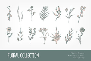 Hand drawn flowers set and seamless, a Decorative Illustration by Good Studio
