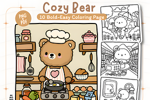 Cozy Bear Coloring Pages, an Animal Illustration by Coco Bloom