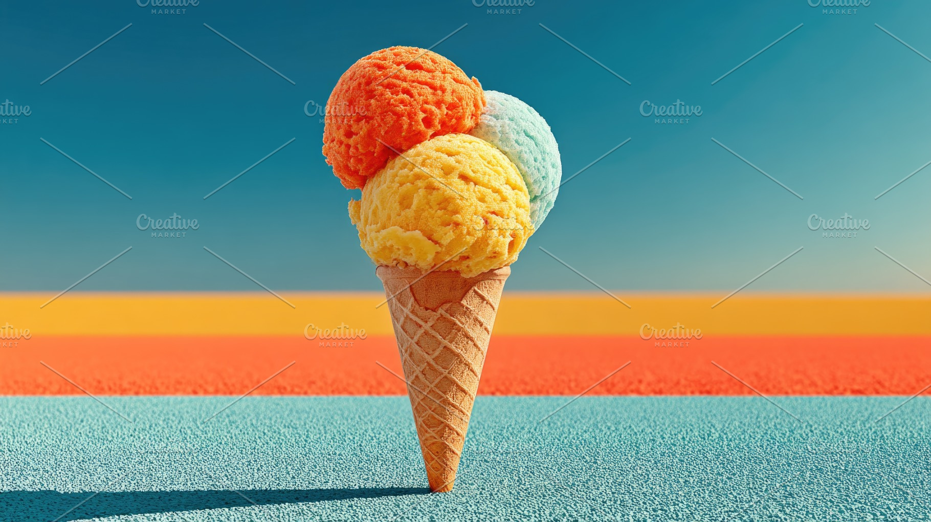 Colorful ice cream cone with three scoops on vibrant background,, a Food & Drink Photo by José Manuel Gelpi