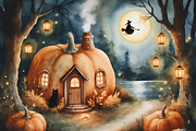 Halloween Pumpkin House with Witch, a Background Graphic by Floraphoria (Thumbnail 1 of 10)