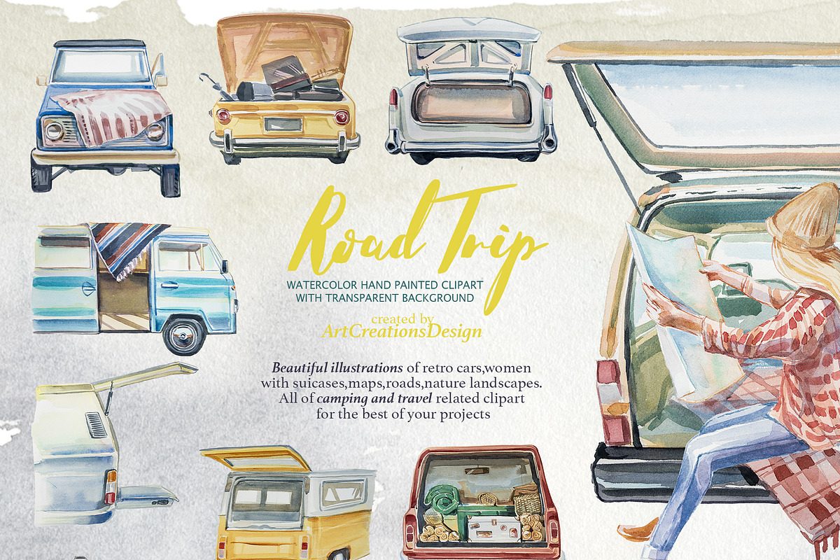 Watercolor Road Trip Clipart Set, a Person Illustration by ArtCreationsDesign (Photo 6 of 19)