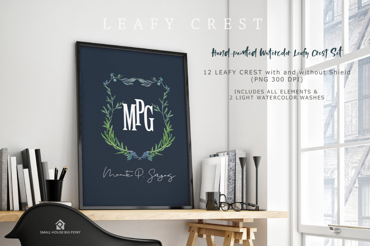 Leafy Crest - Watercolor Clip Art, a Graphic by SmallHouseBigPony (Photo 4 of 6)