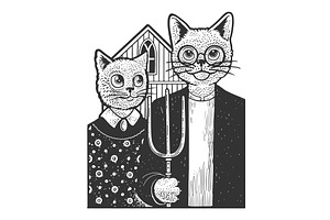 American Gothic Cats Sketch Vector