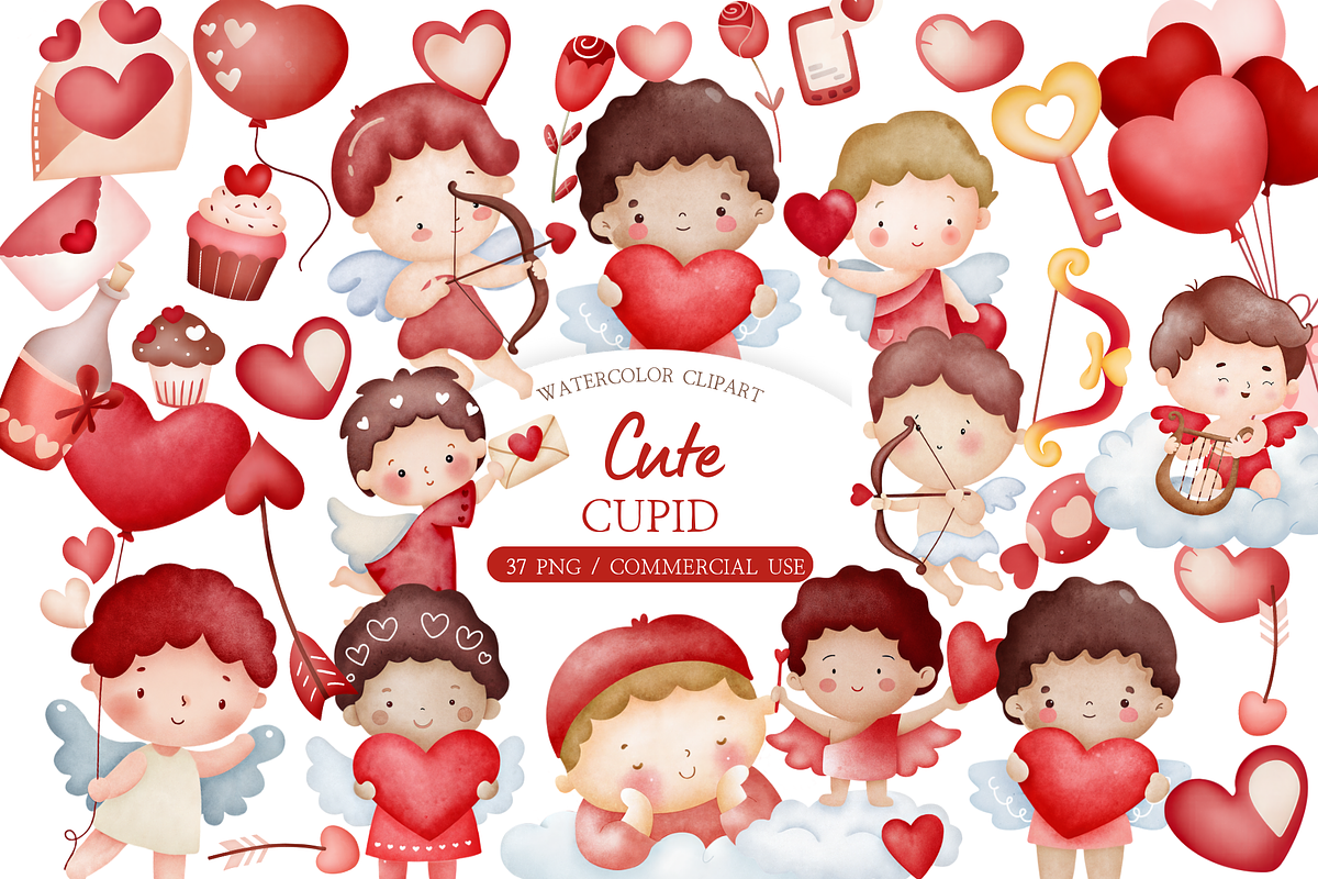 Cute Cupid Valentine Clipart Set, an Illustration by MockupWizard (Photo 1 of 5)