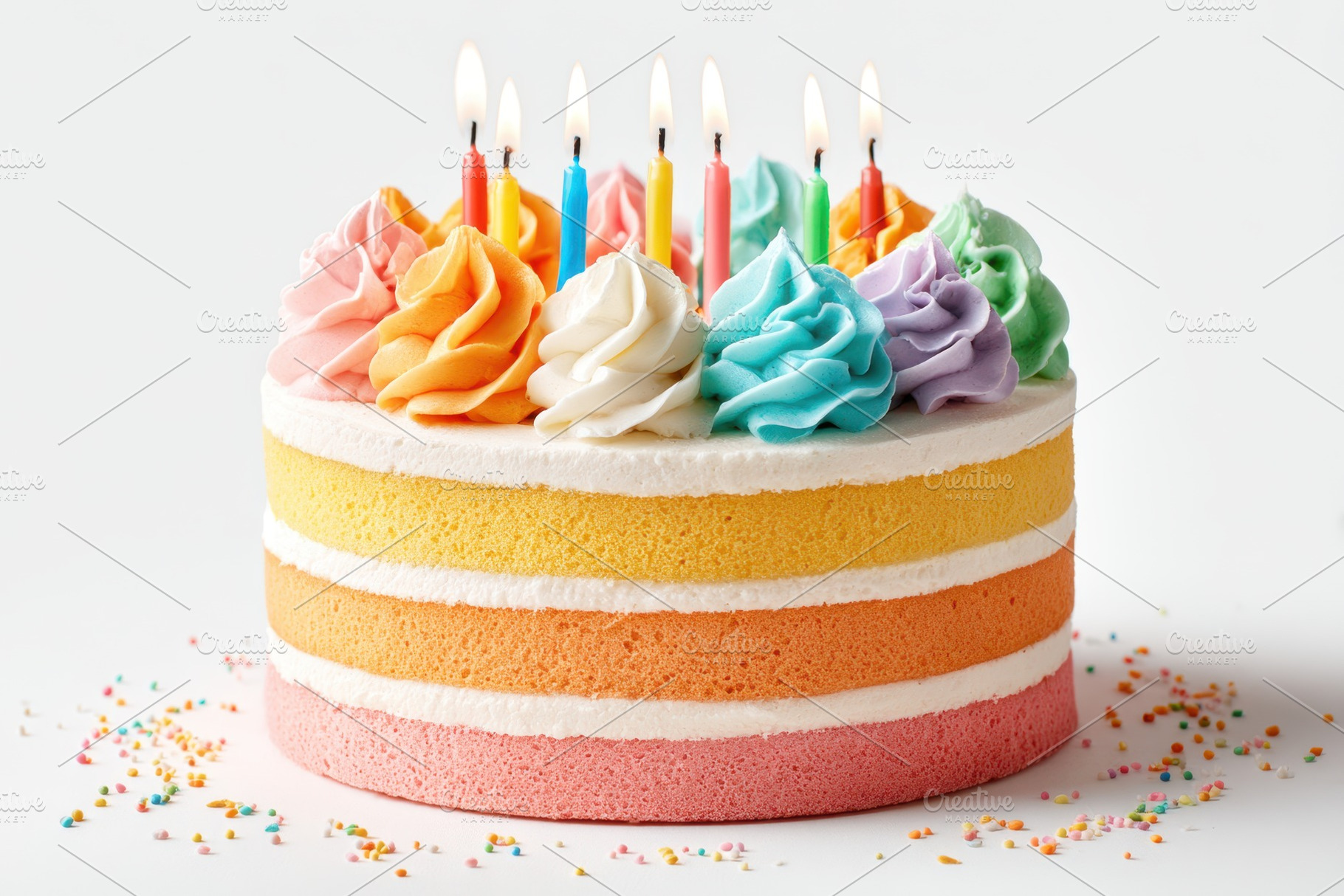 Colorful birthday cake with candles, a Food & Drink Photo by AlyaAnd