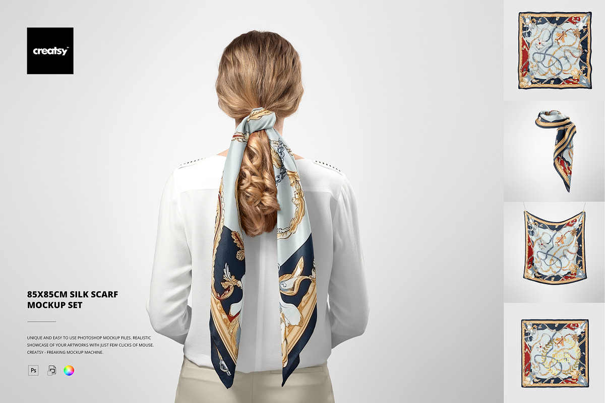 85x85cm Silk Scarf Mockup Set, a Mask Mockup by creatsy5 (Photo 1 of 7)