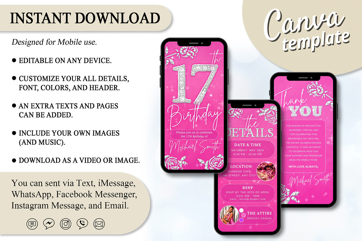 Editable Pink 17th BD Evite Template, an Invitation Template by V Design Creator (Photo 7 of 8)