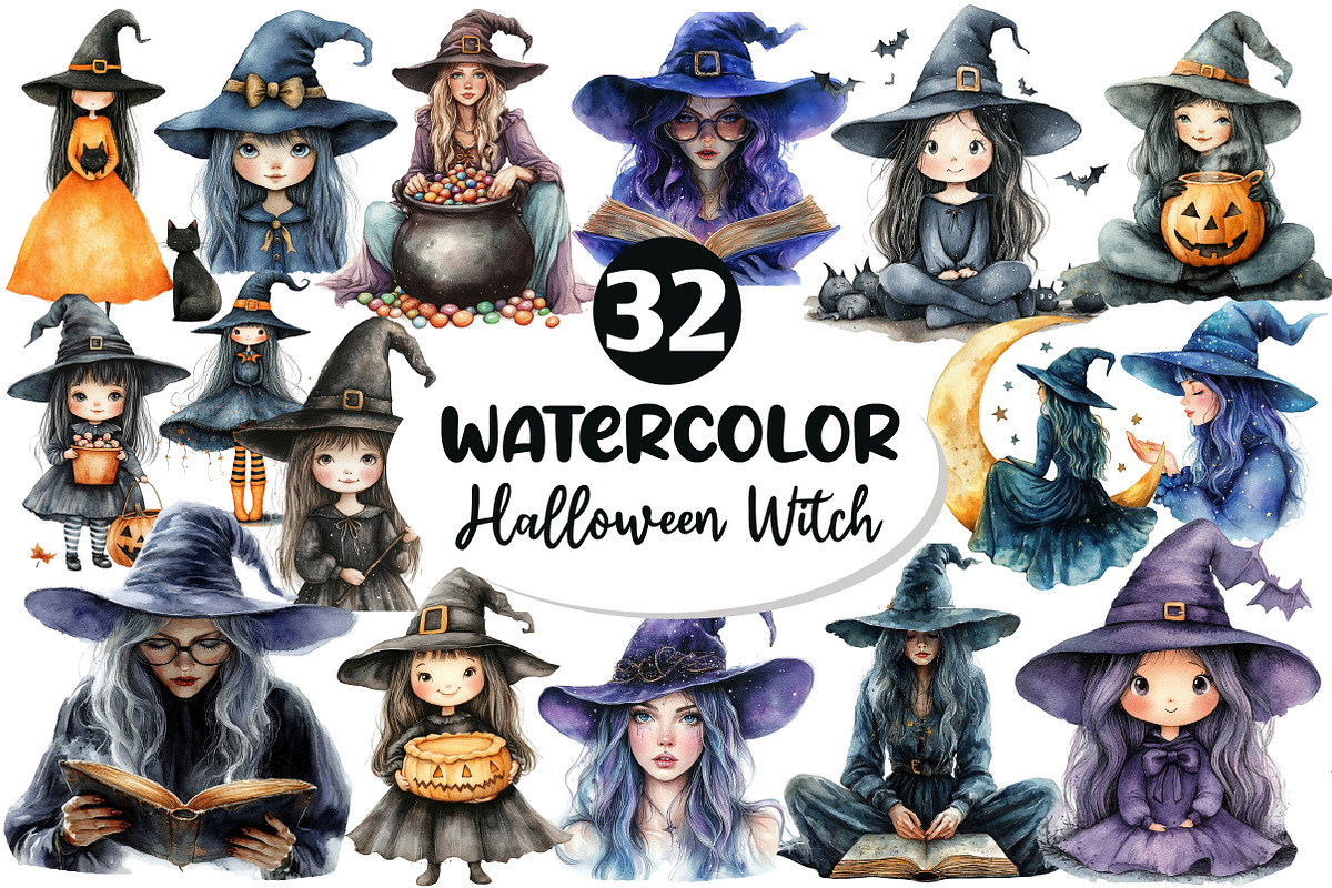 Halloween Cute Witch Clipart, an Illustration by Dream Creation (Photo 1 of 6)