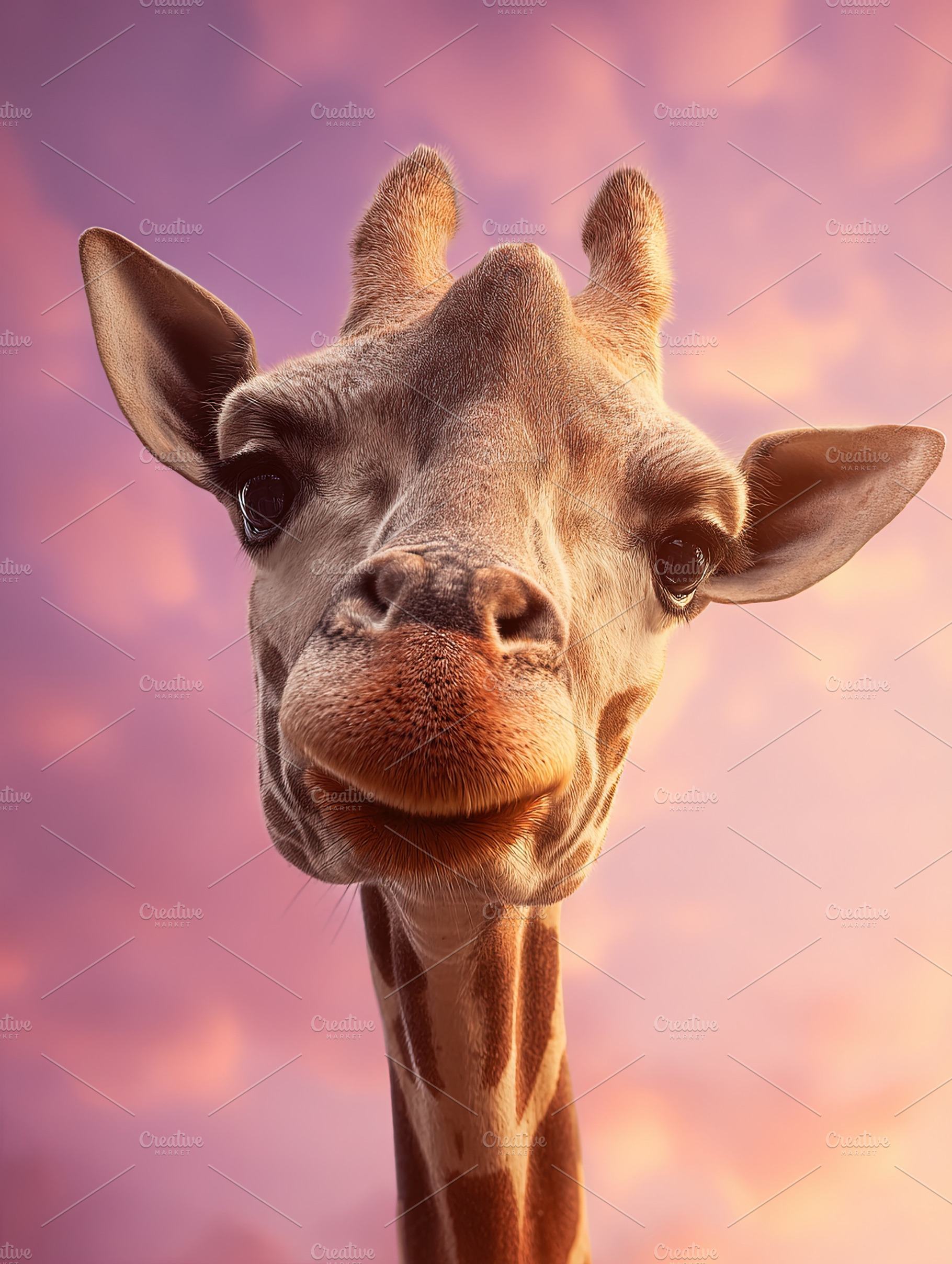 Close-up of a giraffe against a colorful sunset sky, highlightin, an Animal Photo by Ales Munt