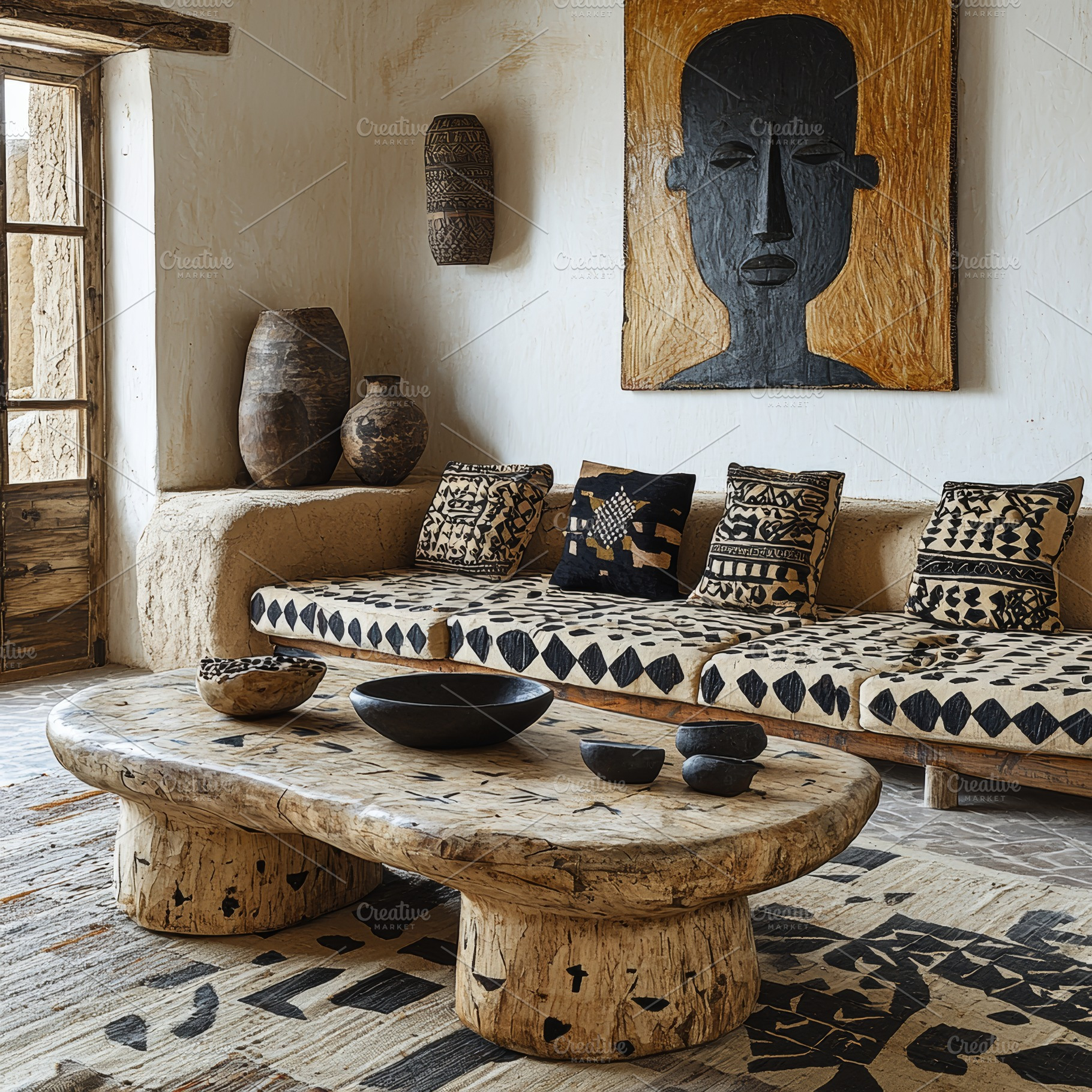 Rustic African interior with tribal decor and earthy atmosphere, a Photo by AS photostudio