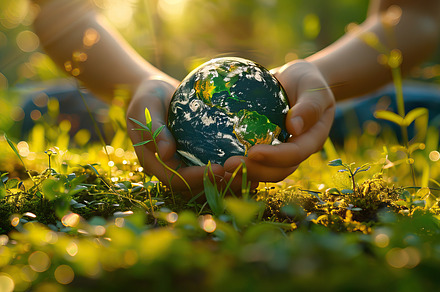 Human hand cradling a small globe ag, a Photo by LOGOCREATIVE