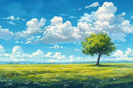 Lush green field under blue skies wi, a Photo by LOGOCREATIVE
