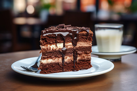 Piece of chocolate cake with shavings on plate on wooden table, a Food & Drink Photo by AlyaAnd