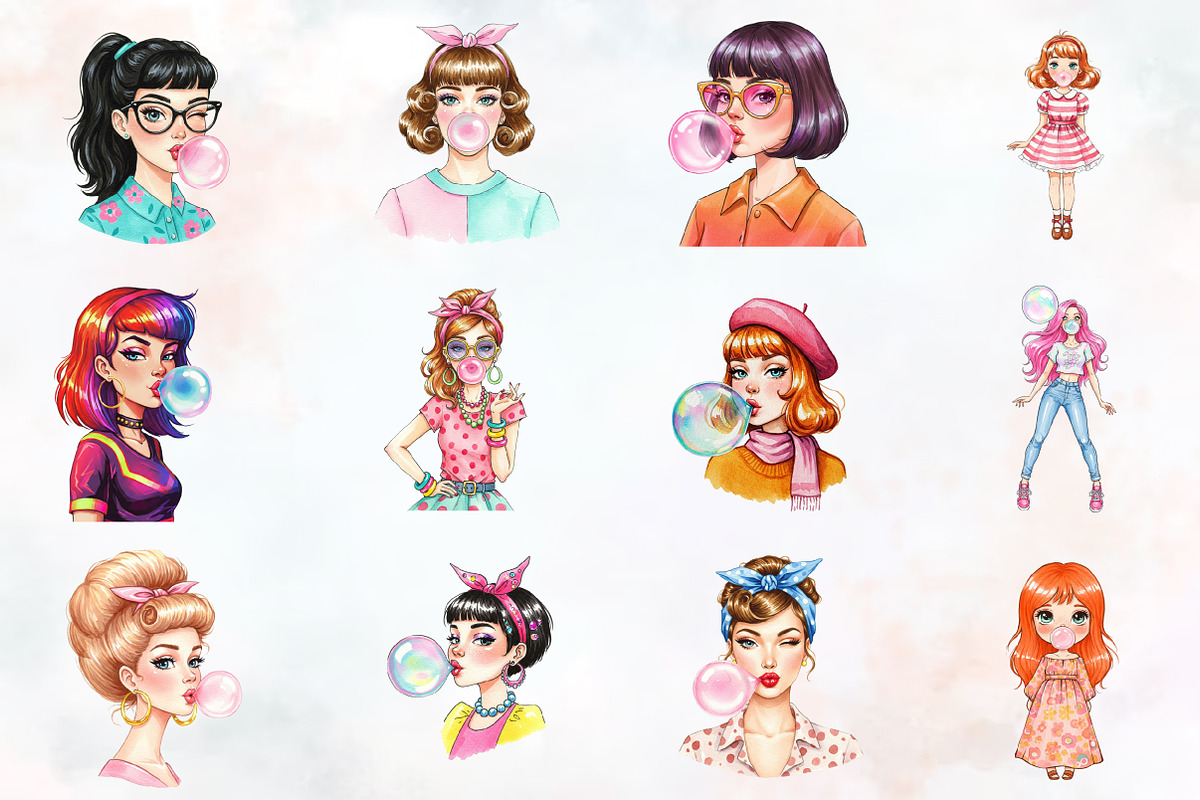 Retro Girl Blowing a Bubblegum Png, an Illustration by RobertsArt (Photo 4 of 7)